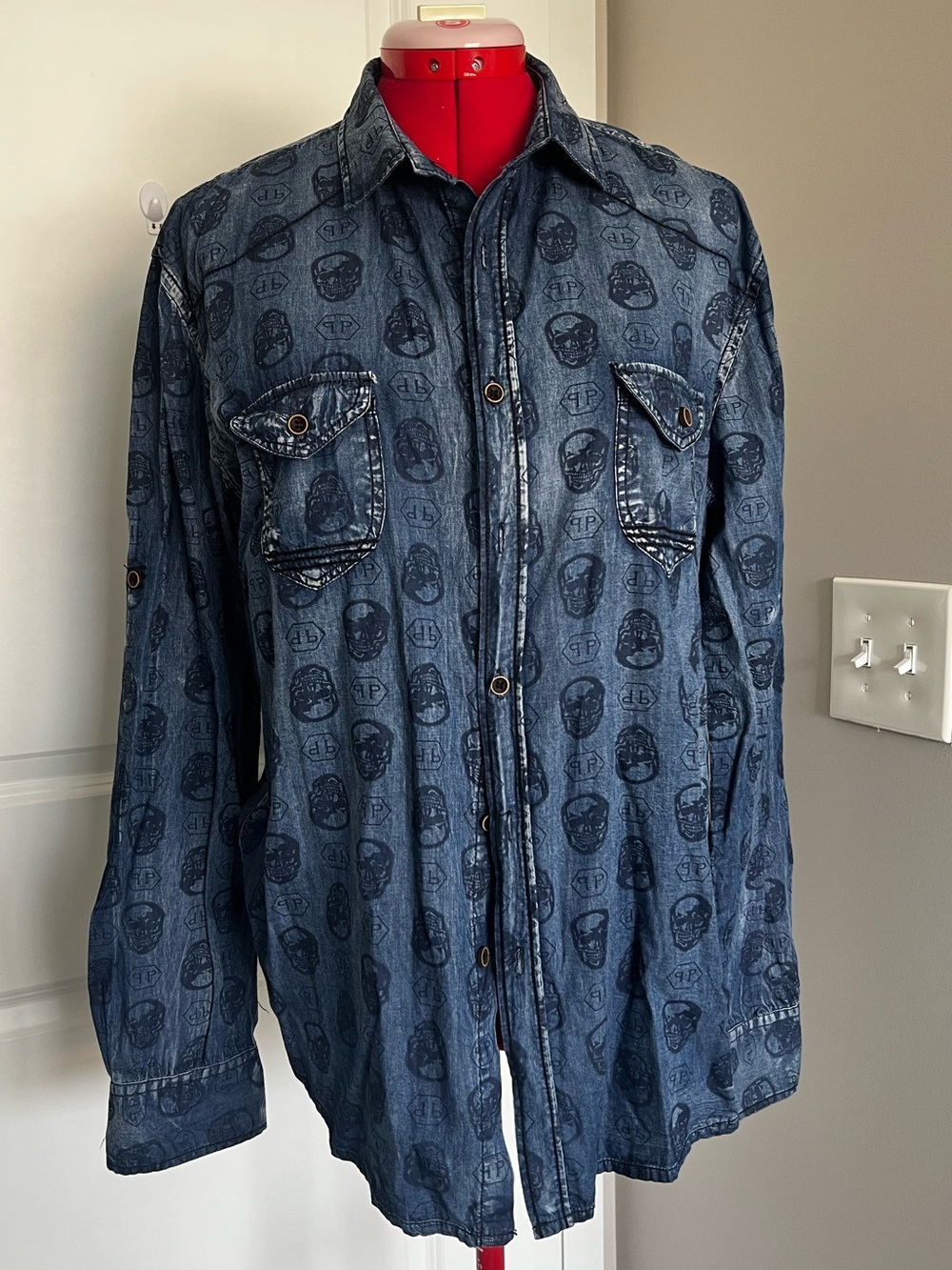 Philipp Plein Blue Denim Skull-Print Jacket